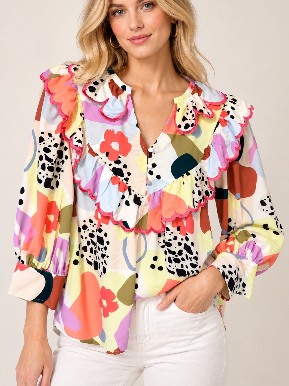Crosby by Mollie Burch Scalloped Ruffle Collar Abstract Print Blouse Boho Top XS